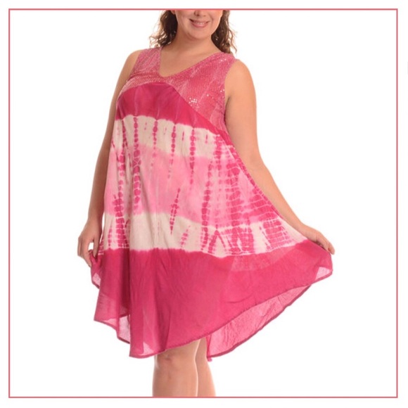 Shoreline Dresses & Skirts - Plus Size Pink Tie Dye Embellished Shift Dress